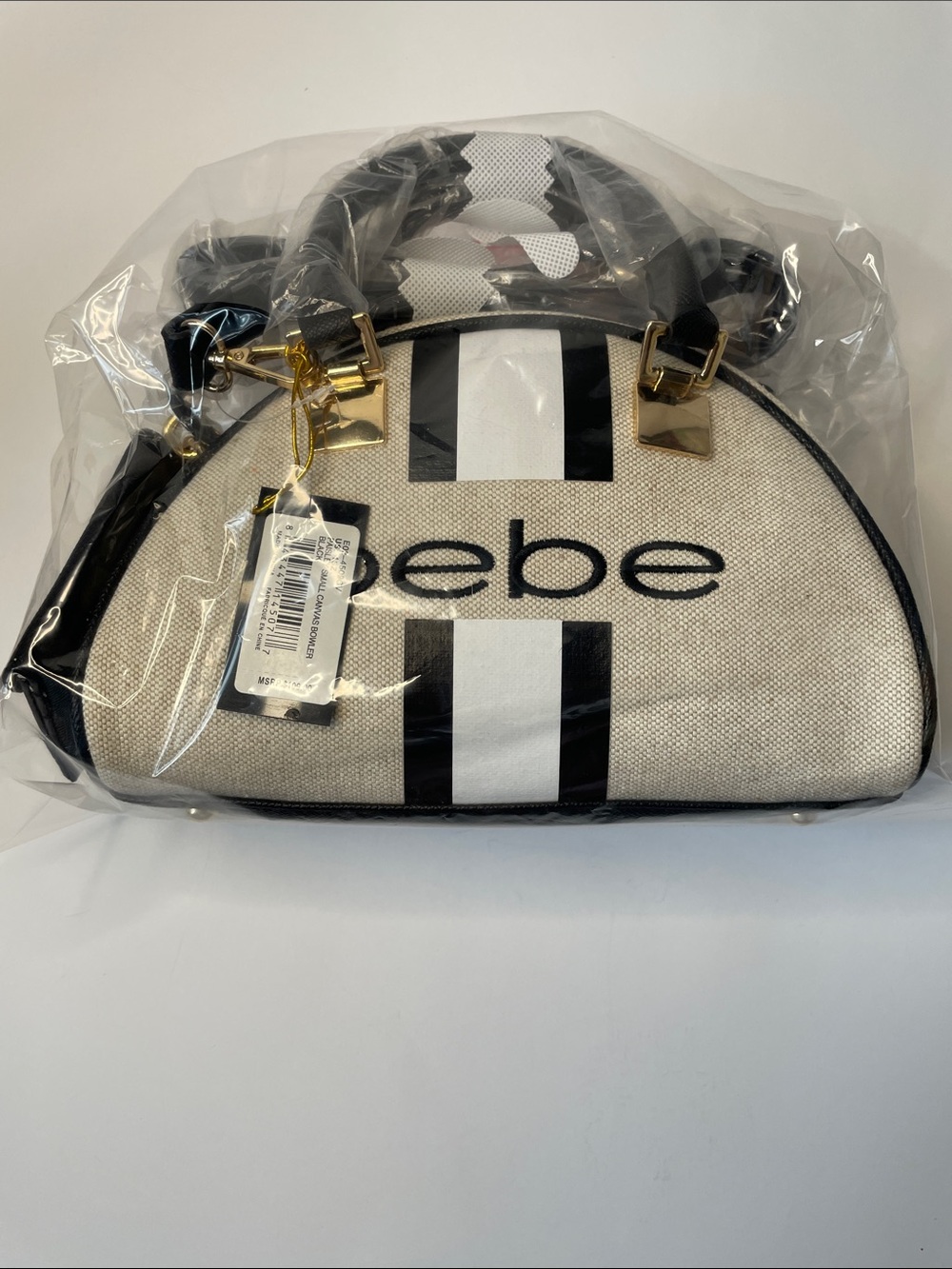 NWT bebe Cream Canvas Satchel with Black Stripes - Picture 6 of 6